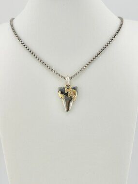 David Yurman Waves Shark Tooth Pendant w/ 18K Gold & DY Box Chain Necklace 26"